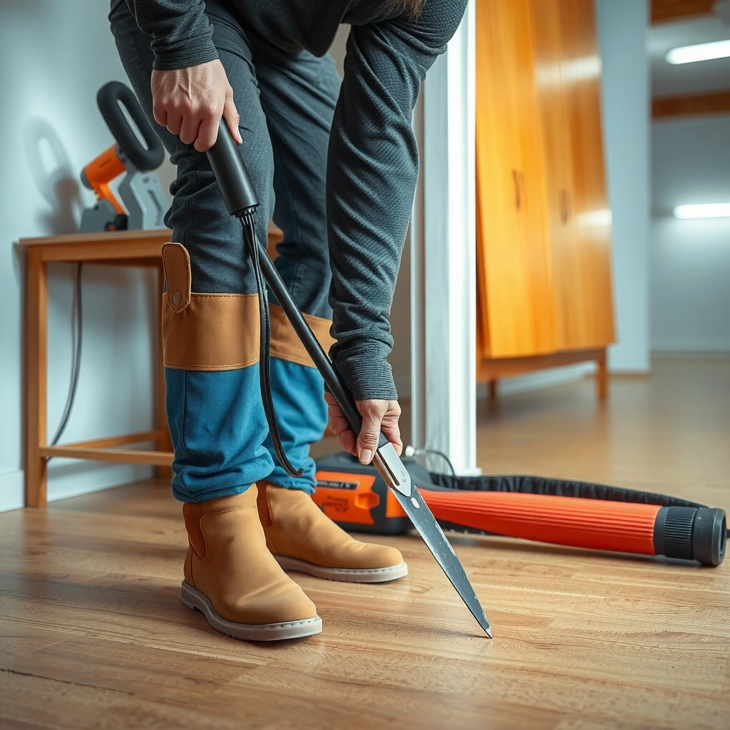 Person inspecting cork floor to find the source of the squeak during repair process