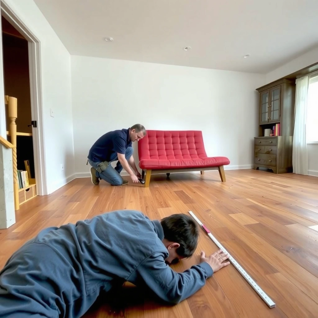 Inspecting engineered wood floors to find the source of squeaks during a walk test.