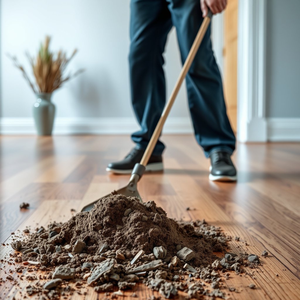 A person safely loosening and removing dried mud from hardwood floors using a soft brush and water.
