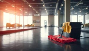 A professional cleaning team maintaining commercial floors with equipment and supplies for effective care.