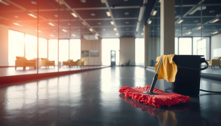 A professional cleaning team maintaining commercial floors with equipment and supplies for effective care.