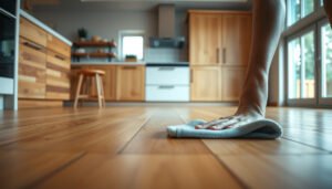 A person cleaning engineered wood floors in a kitchen, showcasing maintenance tips for longevity.