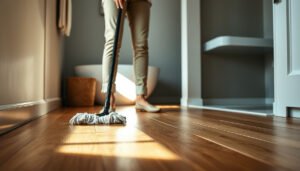 A bathroom showcasing engineered wood floors and maintenance tips for their care and longevity.