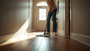 A clean entryway featuring well-maintained engineered wood floors with decorative elements.