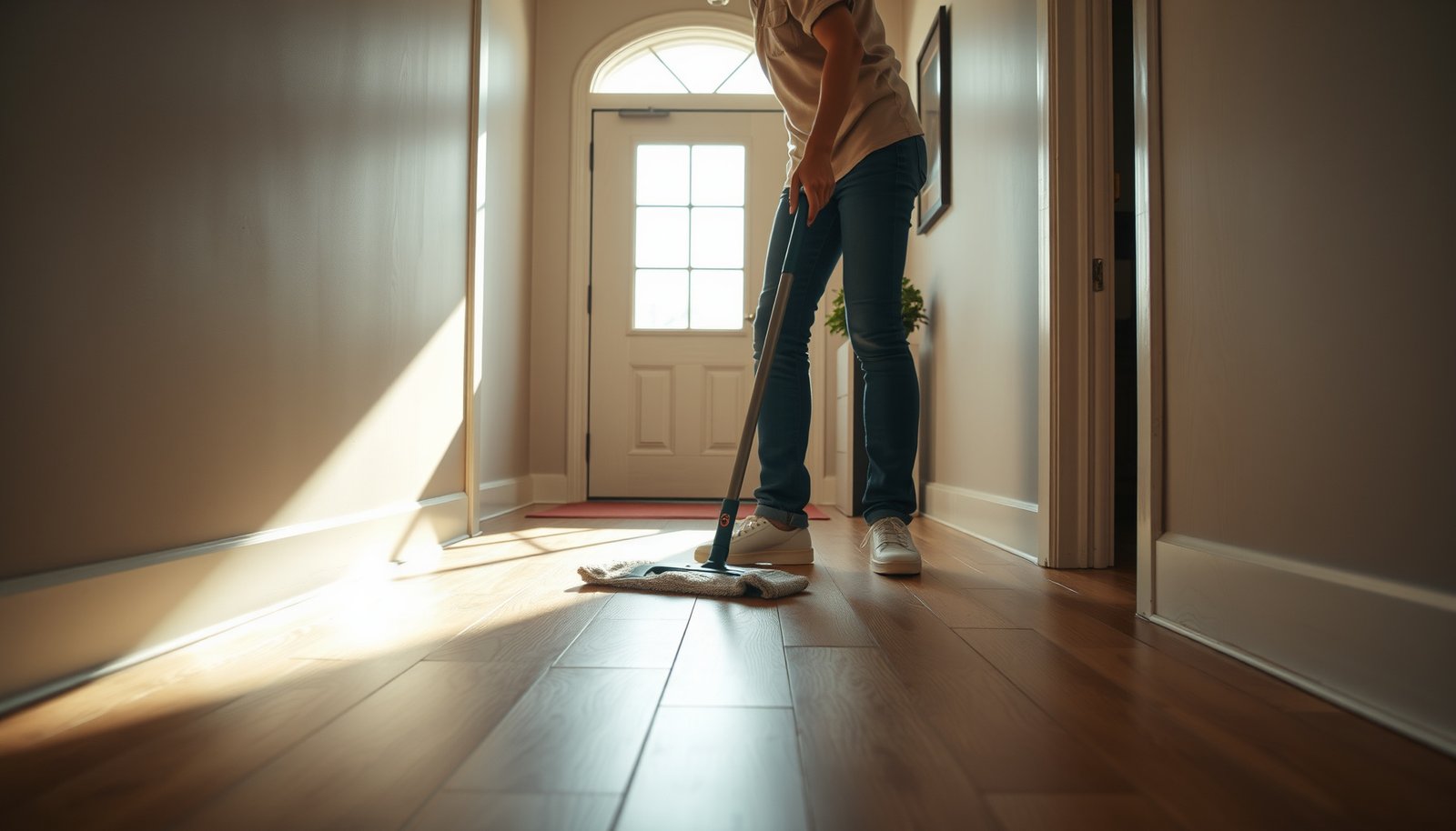 A clean entryway featuring well-maintained engineered wood floors with decorative elements.