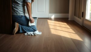 Steps for maintaining engineered wood floors in a mudroom, showcasing cleaning and care techniques.