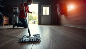 A guide on maintaining engineered wood floors in a garage setting with cleaning tips and tools.