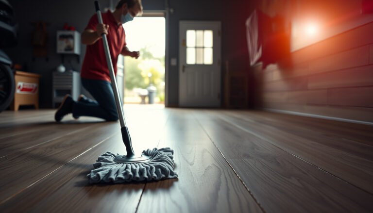 A guide on maintaining engineered wood floors in a garage setting with cleaning tips and tools.
