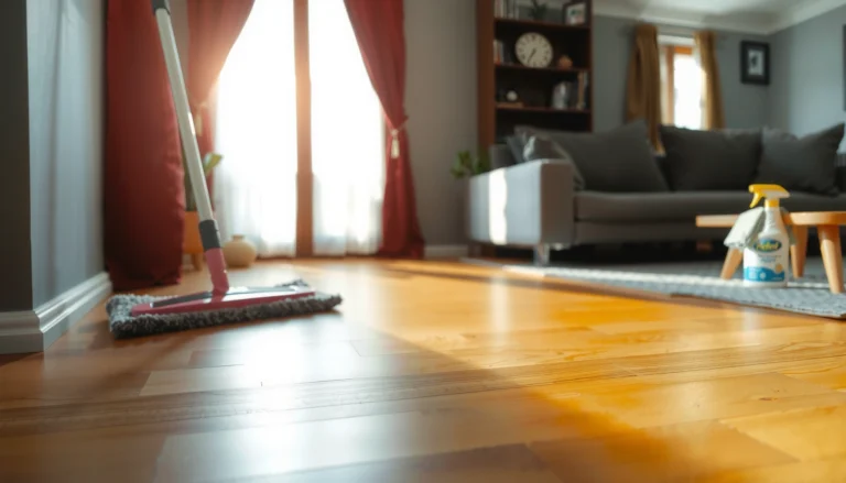 A person cleaning and maintaining hardwood floors with a mop and cleaning solution.