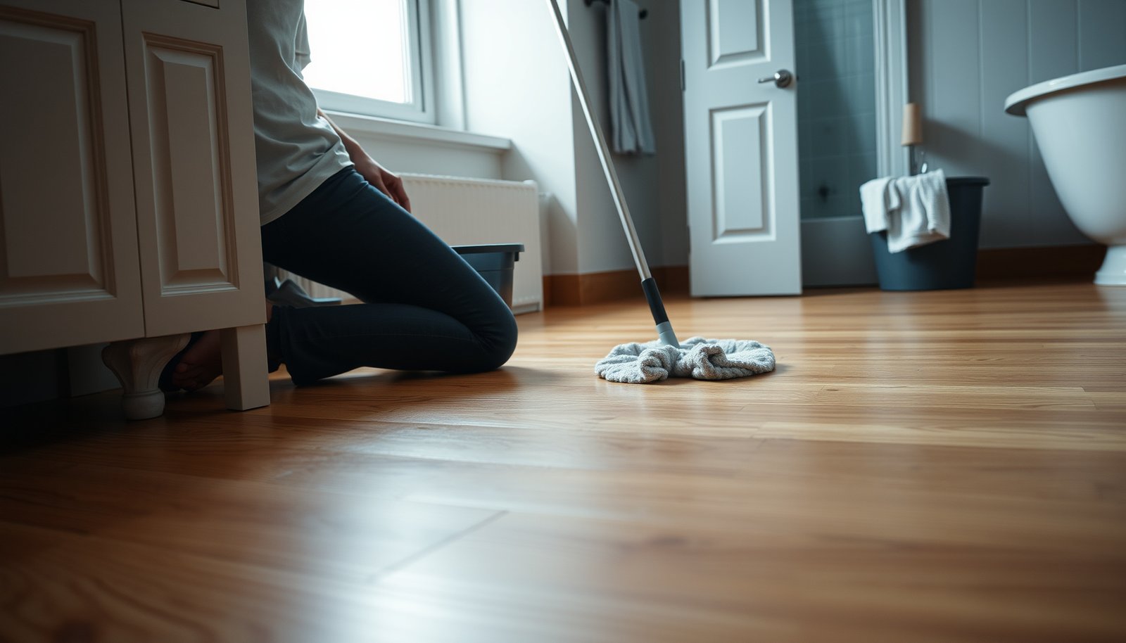 A guide on how to maintain hardwood floors in a bathroom setting with cleaning tips and care techniques.
