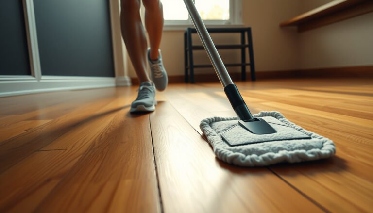 A person cleaning hardwood floors in a home gym, showcasing practical care techniques.