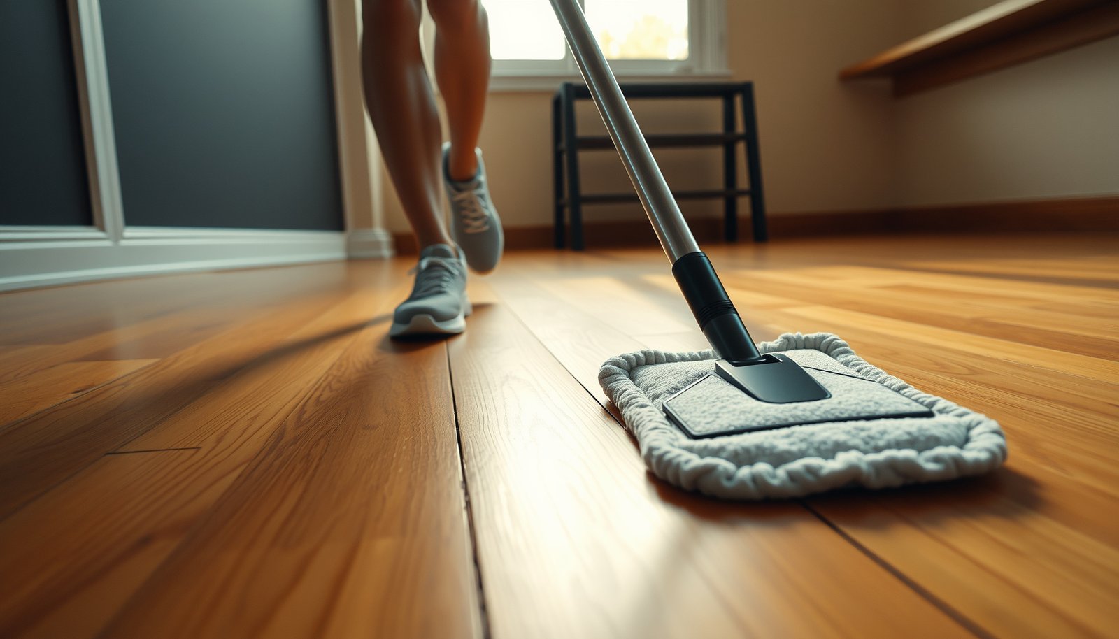 A person cleaning hardwood floors in a home gym, showcasing practical care techniques.