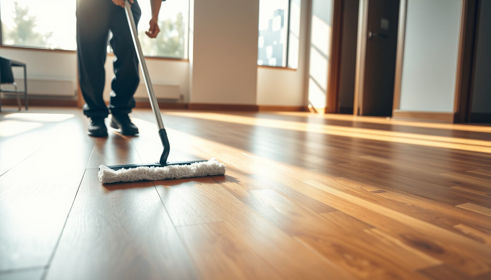 A professional cleaning hardwood floors in a commercial office setting, showcasing maintenance techniques.