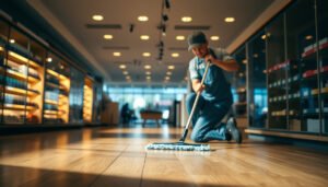 Retail store employee cleaning hardwood floors to maintain their shine and durability
