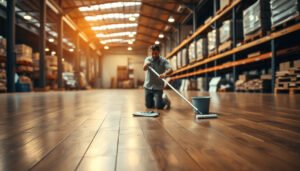 Tips for maintaining hardwood floors in a warehouse setting, showcasing cleaning and care techniques.
