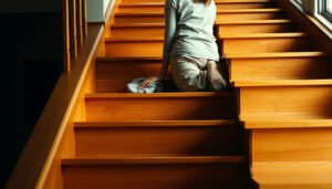 A person cleaning hardwood floors on a staircase, demonstrating maintenance tips for hardwood flooring.