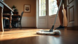 A well-maintained laminate floor in a dining room, showcasing care tips for laminate flooring.