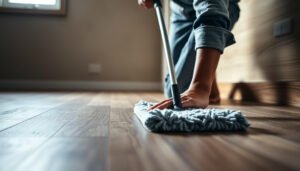 A person cleaning laminate floors in a basement, showcasing essential care tips for maintenance.
