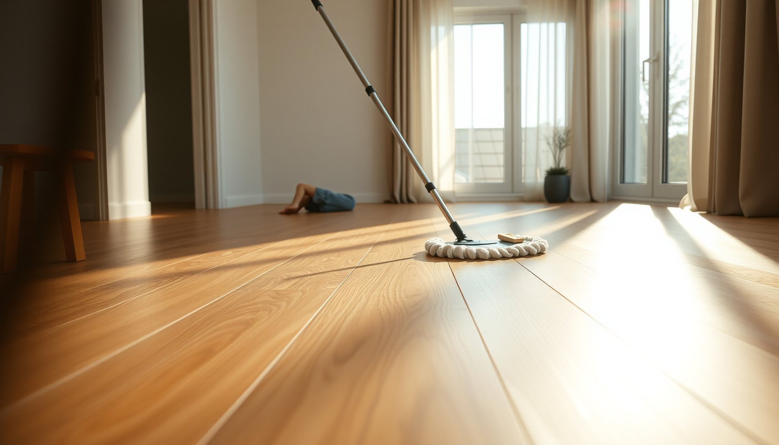 Tips for maintaining laminate floors in a bedroom, showcasing cleaning and care techniques.