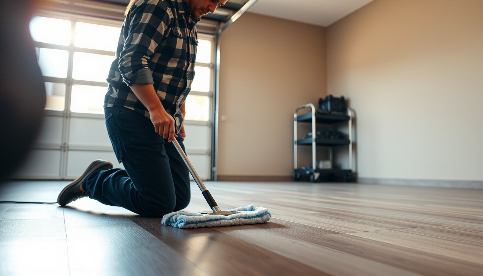 A clean garage with well-maintained laminate flooring, showcasing best practices for upkeep.