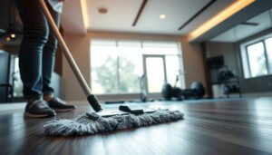 Person cleaning laminate floors in a home gym, showcasing maintenance routine for durability.