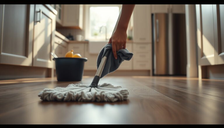 Tips for maintaining laminate floors in a kitchen, showcasing cleaning and care techniques.