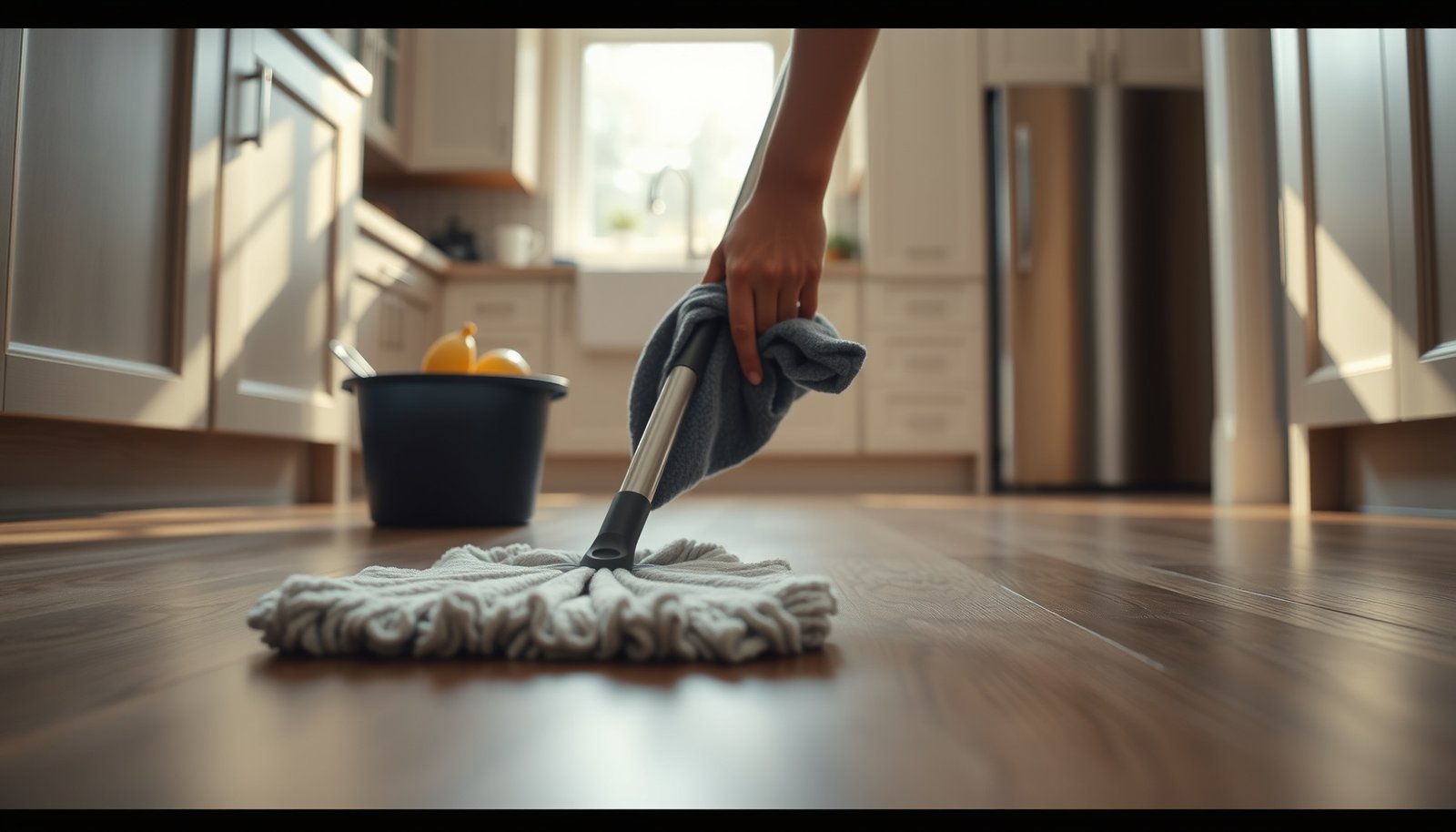 Tips for maintaining laminate floors in a kitchen, showcasing cleaning and care techniques.