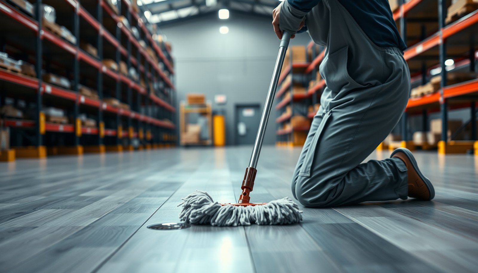 Steps for maintaining laminate floors in a warehouse environment with cleaning tools.