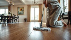 A clean dining room with well-maintained vinyl floors, showcasing simple maintenance routines.