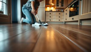 Steps for maintaining vinyl floors in a kitchen, showcasing easy care techniques.