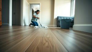 A person cleaning vinyl floors in a rental property, showcasing care tips for maintenance.