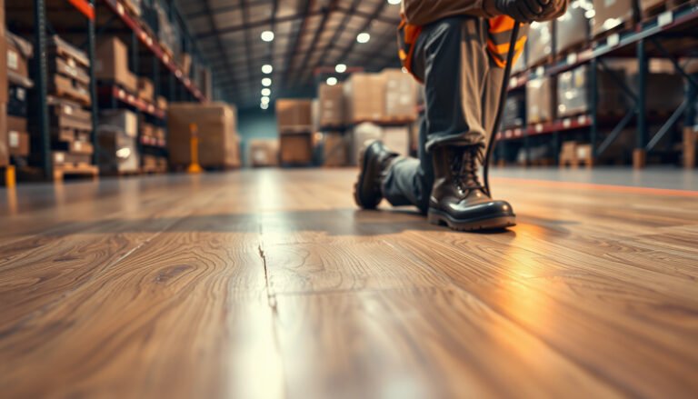 Steps to enhance safety of hardwood floors in a warehouse environment.