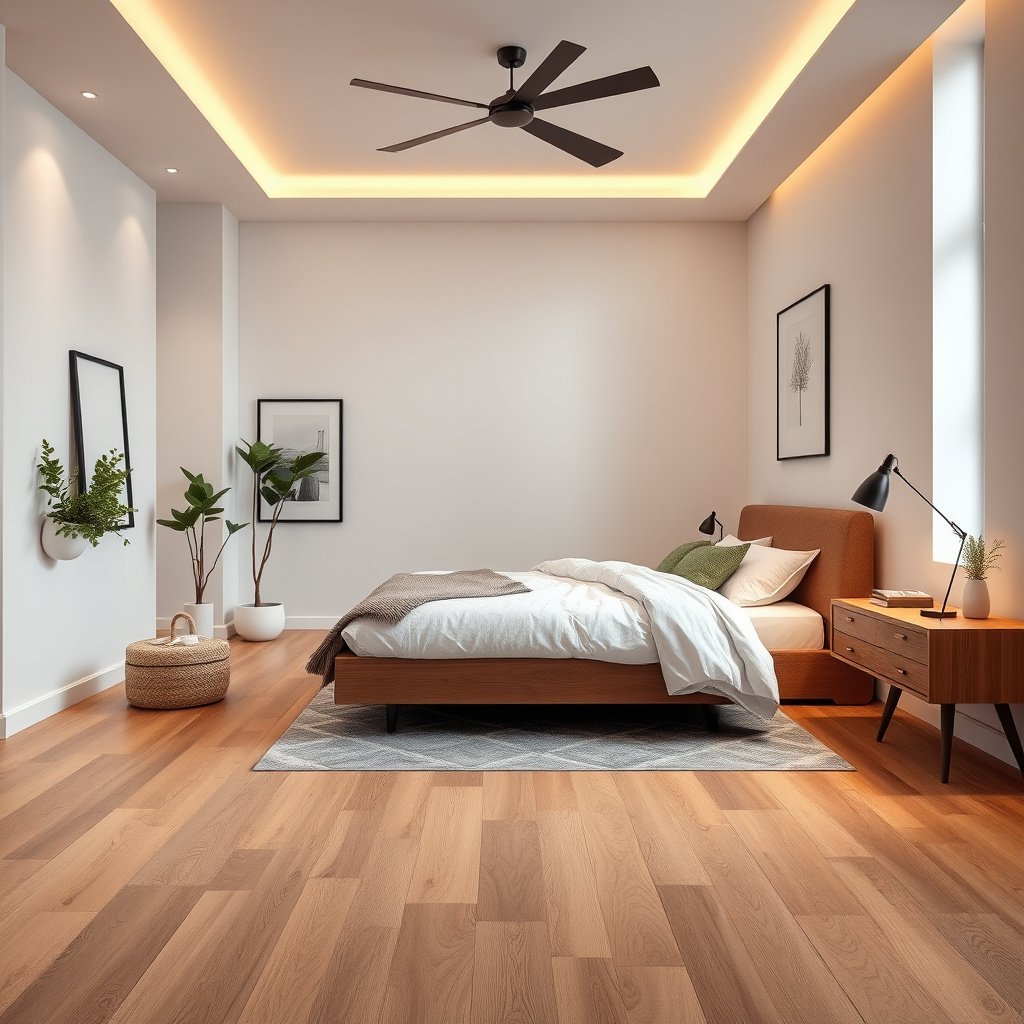 Image showing methods to seal and manage moisture to protect laminate floors in a bedroom.