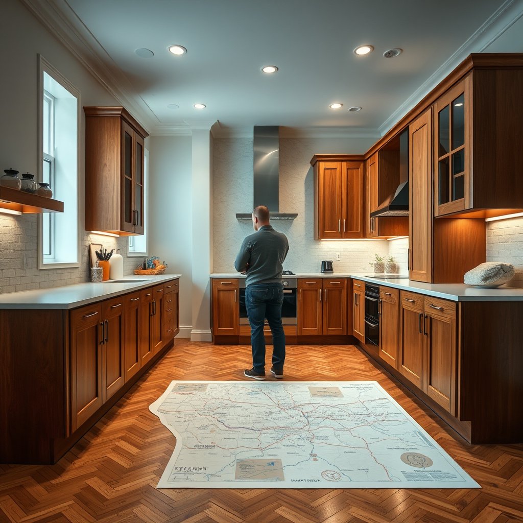 Image showing how to map cut lines for toe-kick and fixed cabinetry on parquet floors.