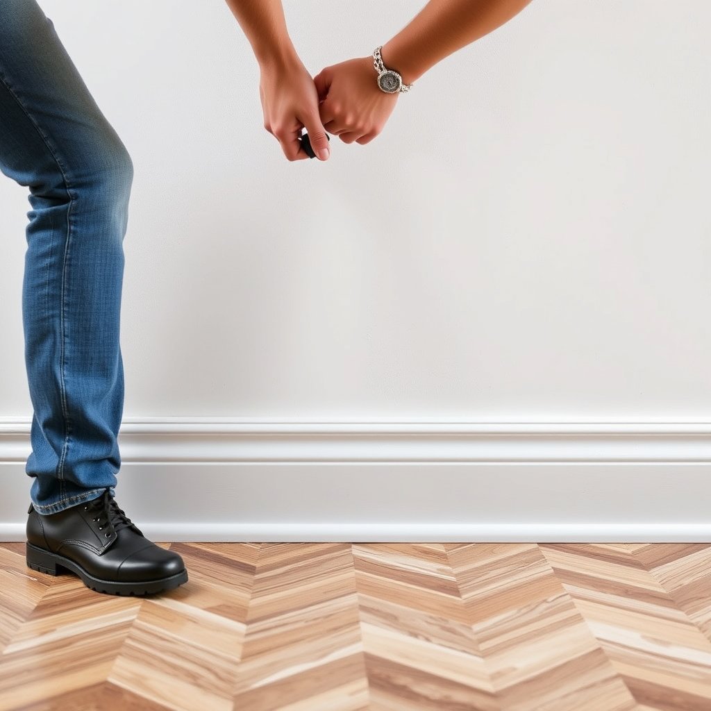A person marking and cutting baseboards carefully to preserve the chevron floor pattern.
