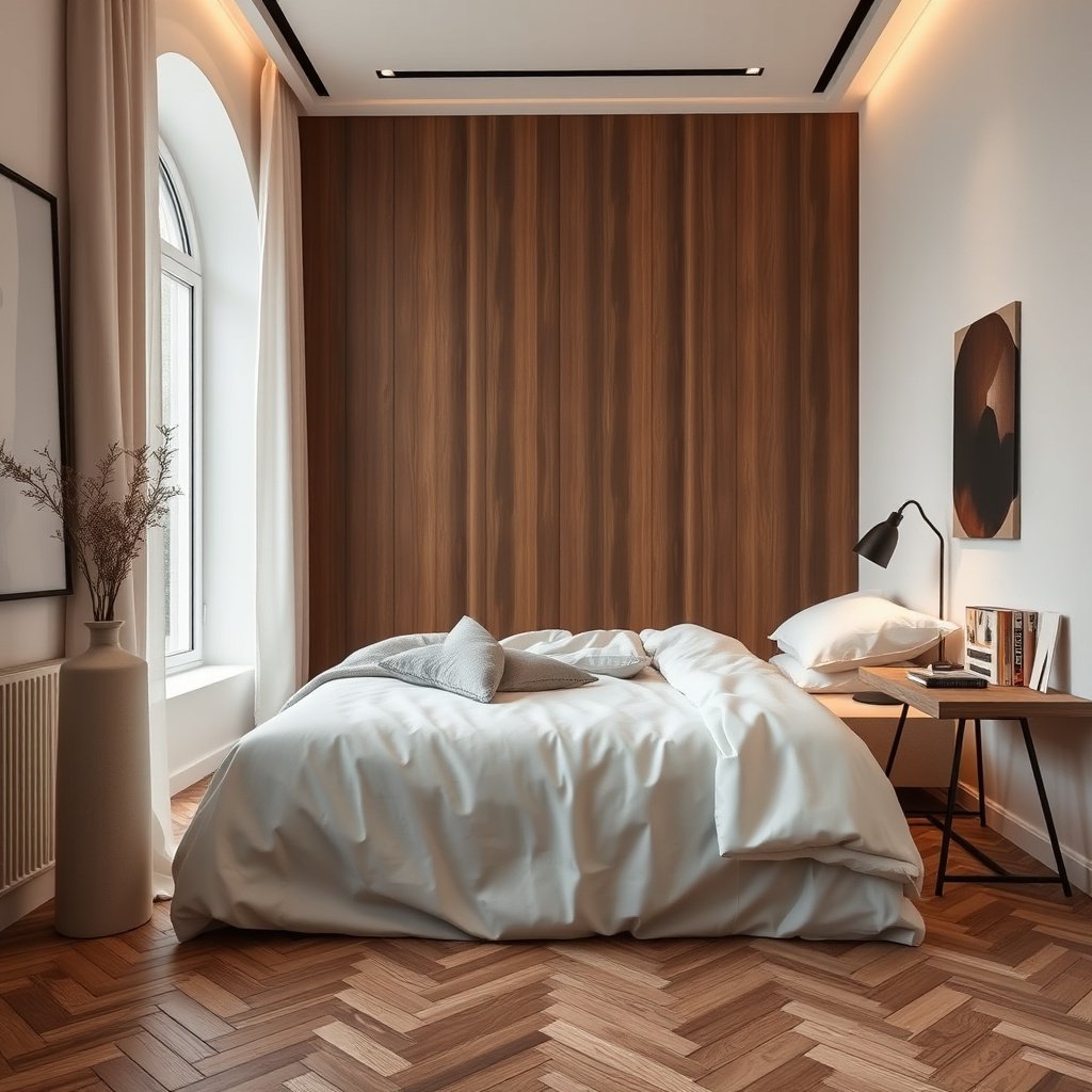 Marking the layout for herringbone floors and installing the first rows in a bedroom.