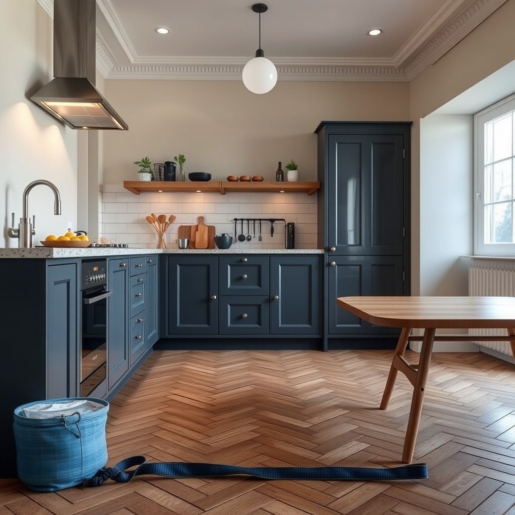 Marking lines on the floor for dry-fitting herringbone pattern installation in a kitchen.