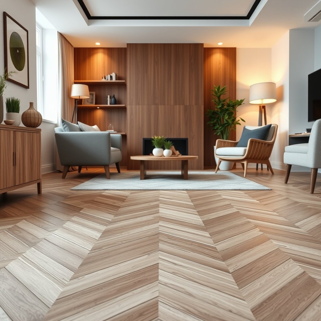 A person marking reference lines on the subfloor for herringbone pattern installation in a living room.