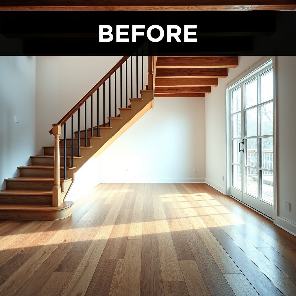 A measuring tape and blueprint for planning hardwood flooring installation on a staircase.