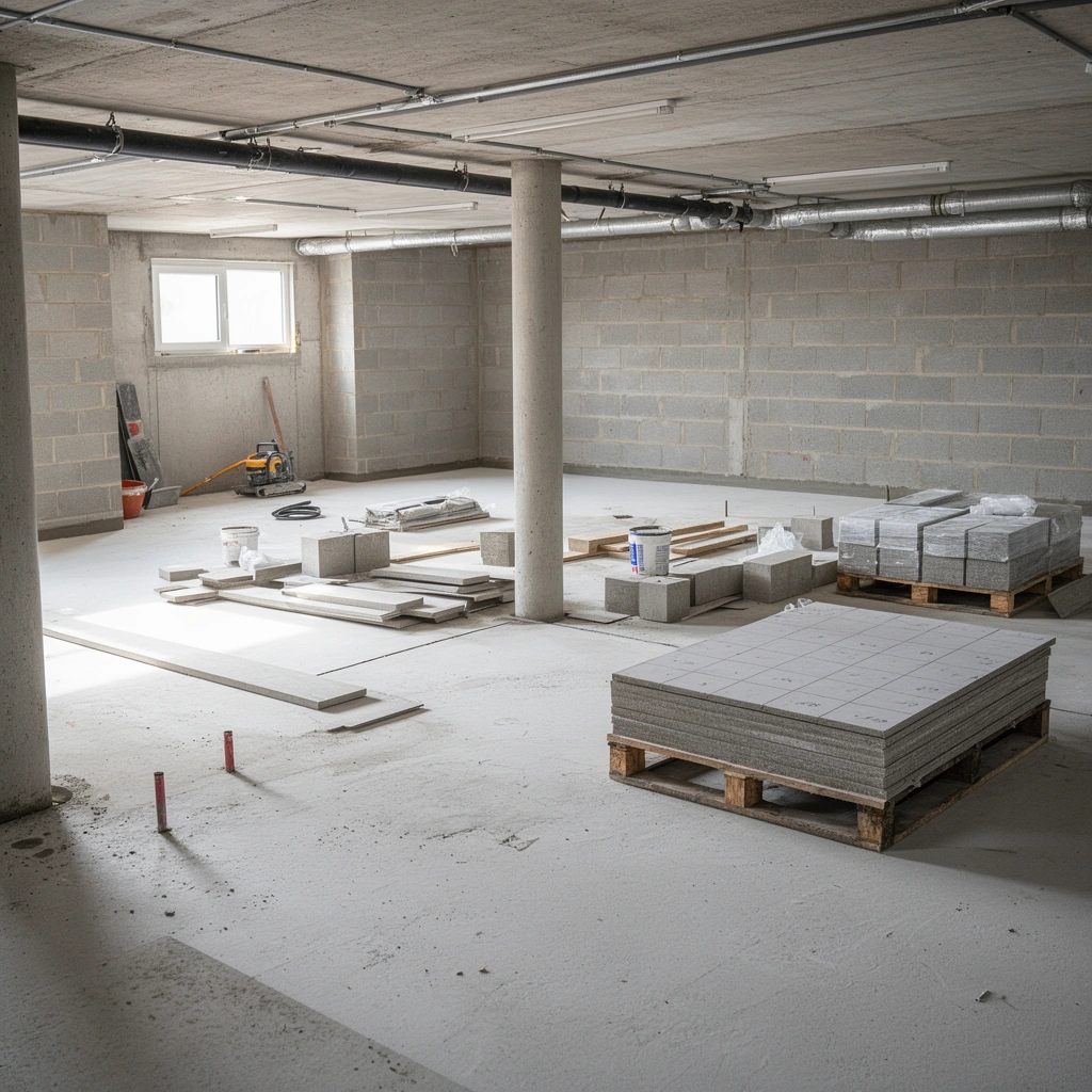 A person measuring the basement floor area accurately for material calculation.