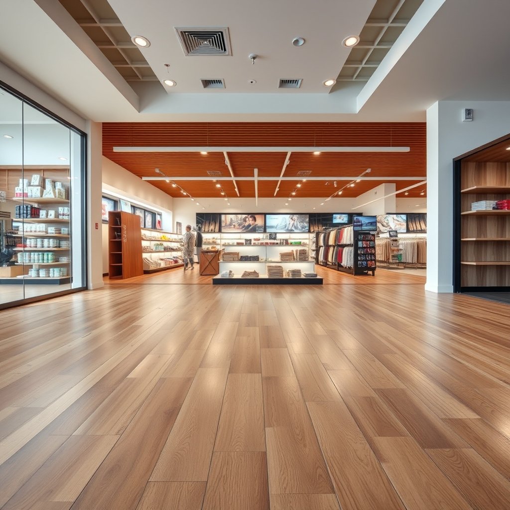 Measuring the flatness of hardwood floors before installing retail store flooring.