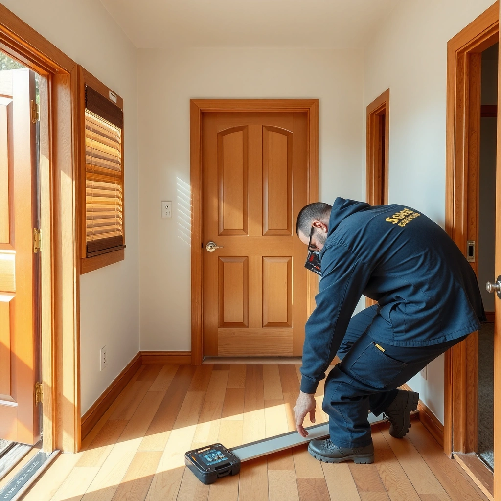 Measuring floor height and planning cut lines for hardwood installation around doors
