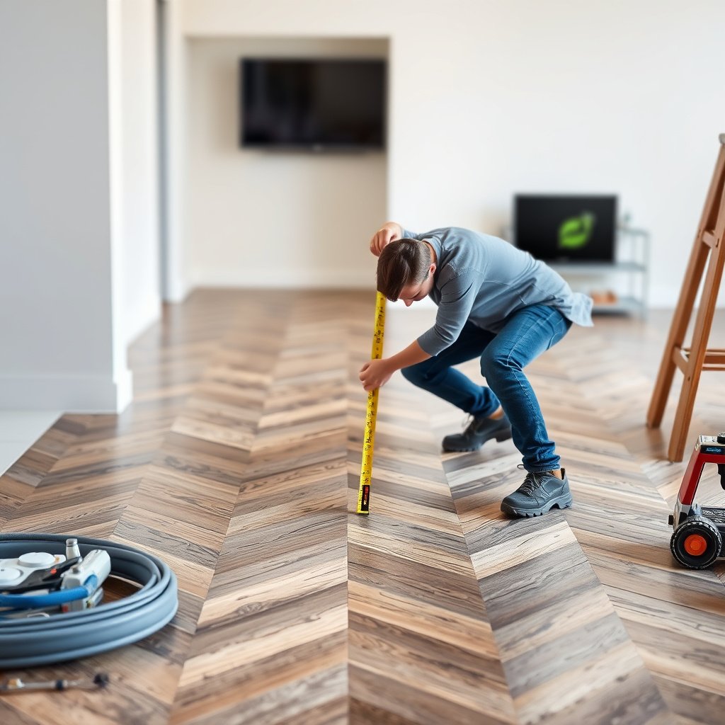 A person measuring and marking the floor for installing transitions in chevron flooring.