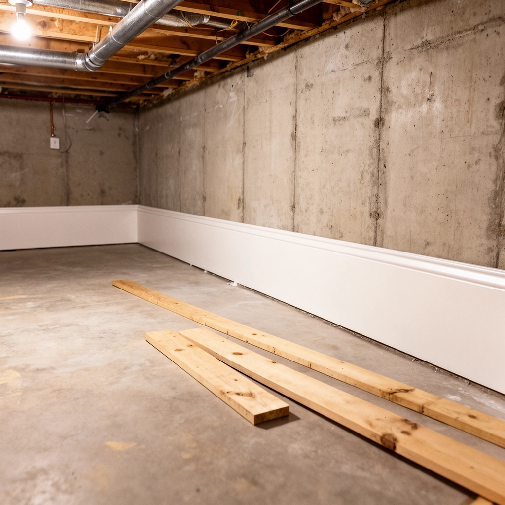 Measuring gaps and confirming the mounting surface for baseboards in a basement installation