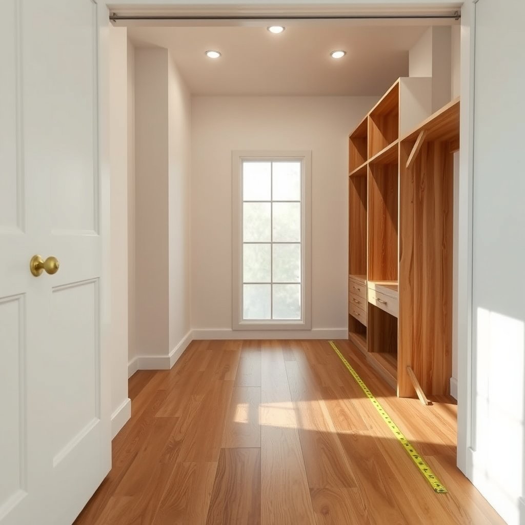 Measuring tools and layout plan for installing hardwood floors in a closet