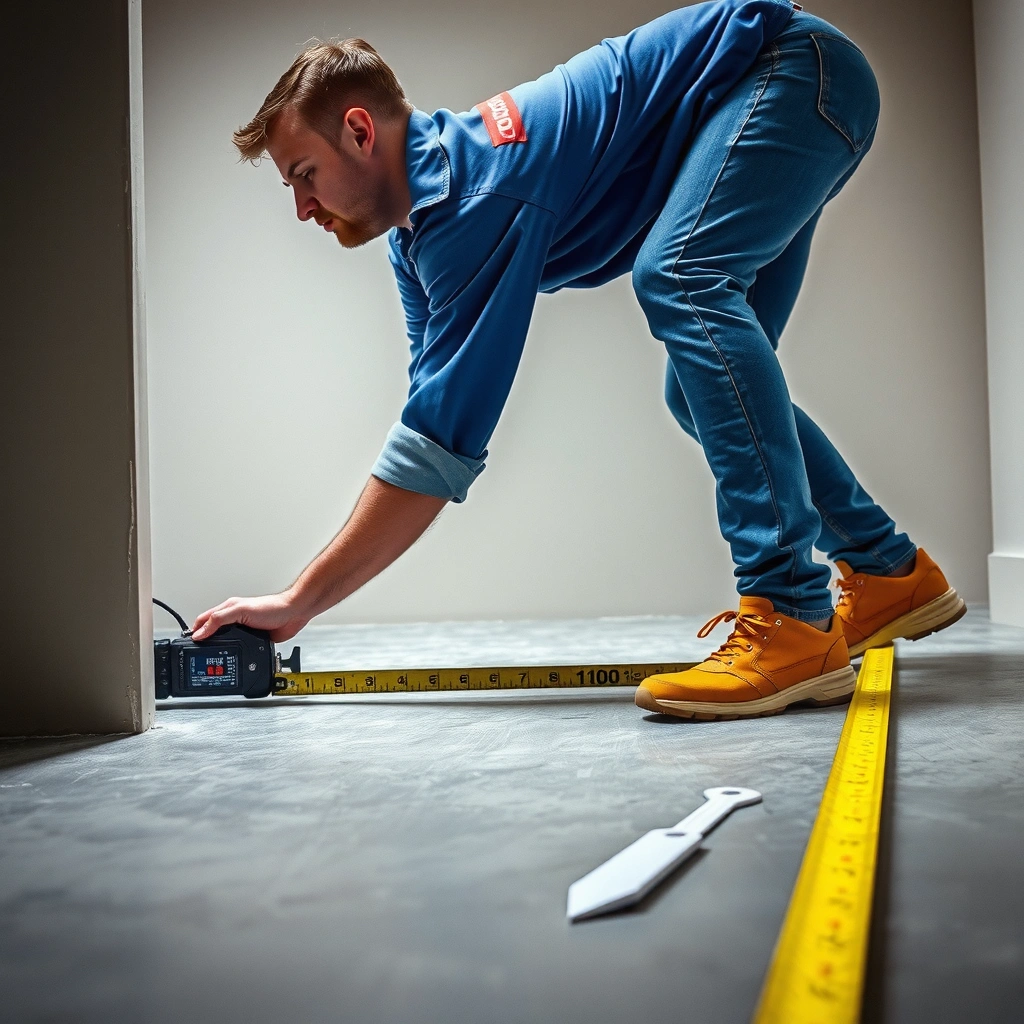 Measuring and test-fitting thresholds for concrete floors during installation process.
