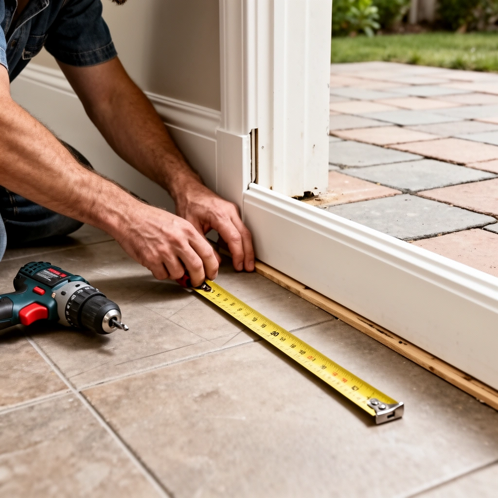 Measuring and planning baseboard line for patio floors installation
