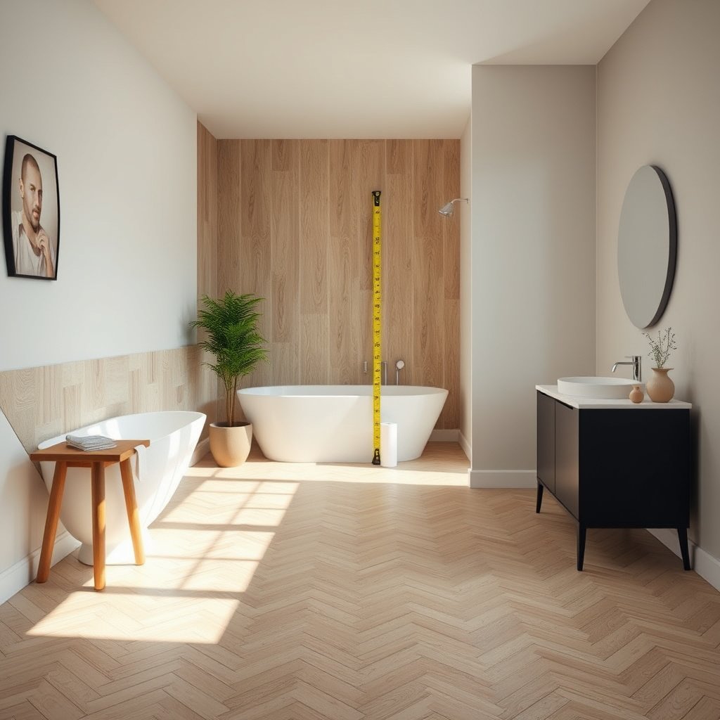 A person measuring the footprint of a bathroom for vinyl flooring installation.