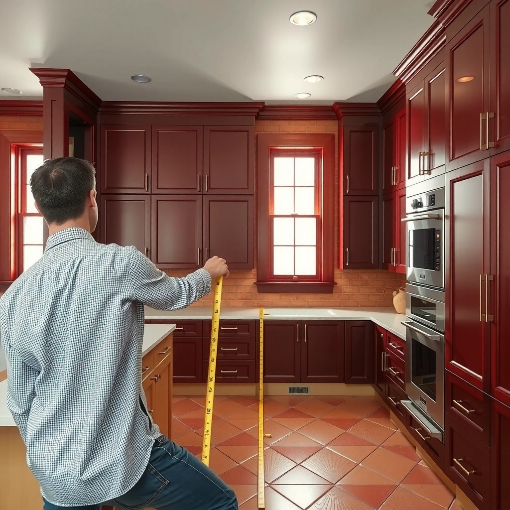 Measuring and planning cabinet layout on terracotta floors for installation