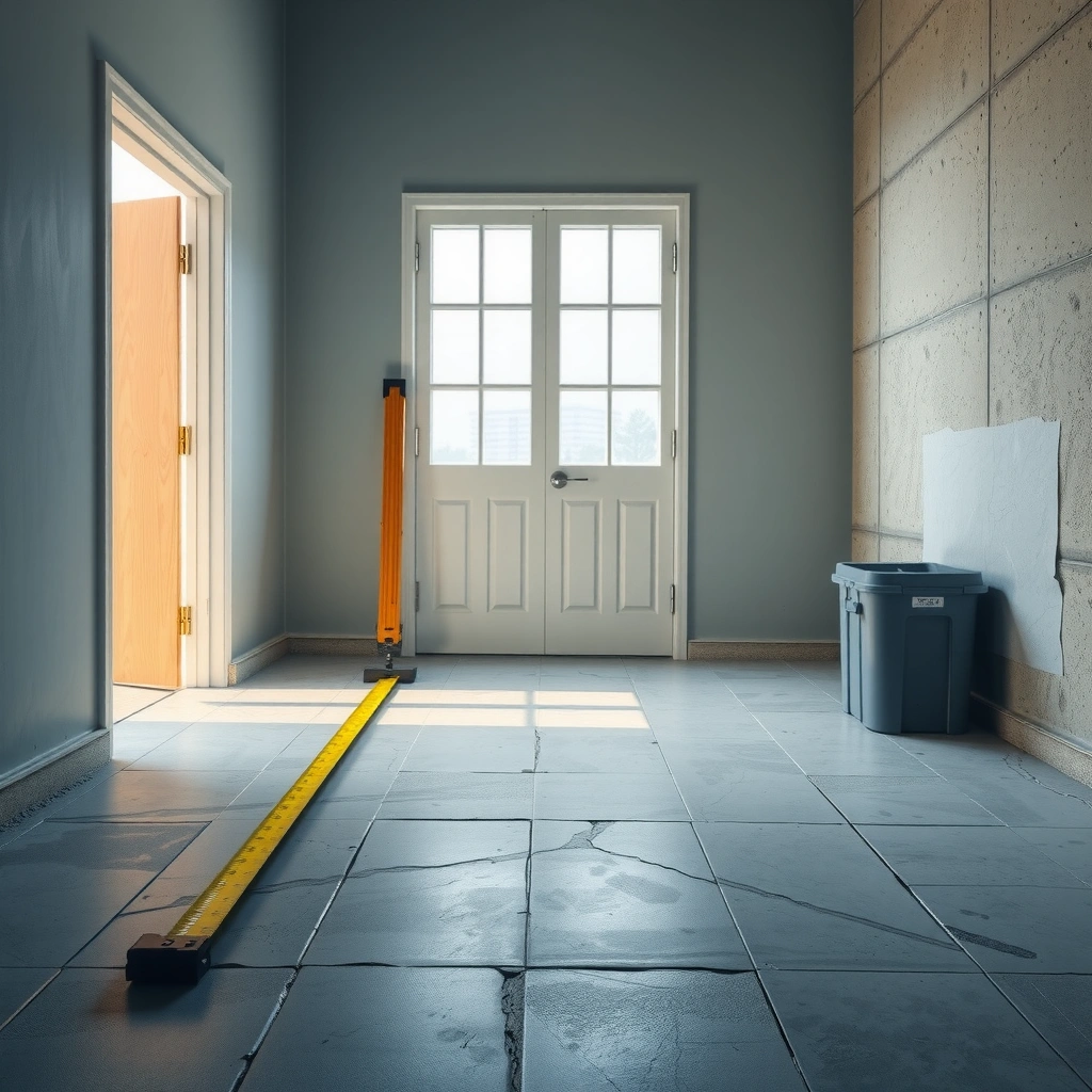 Measuring the door opening and target floor height for concrete floor installation around doors.